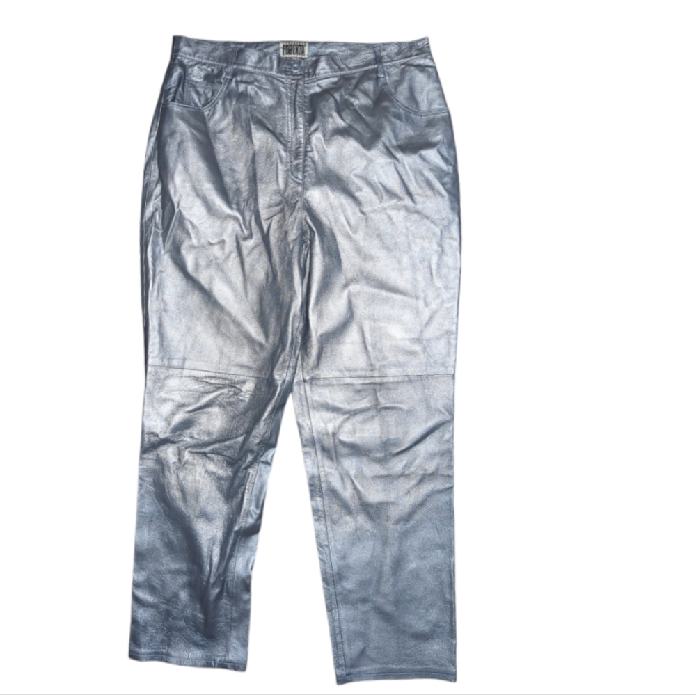 Forenza 100% Leather Lined Vintage High Waisted Silver Metallic Taper Pants XL